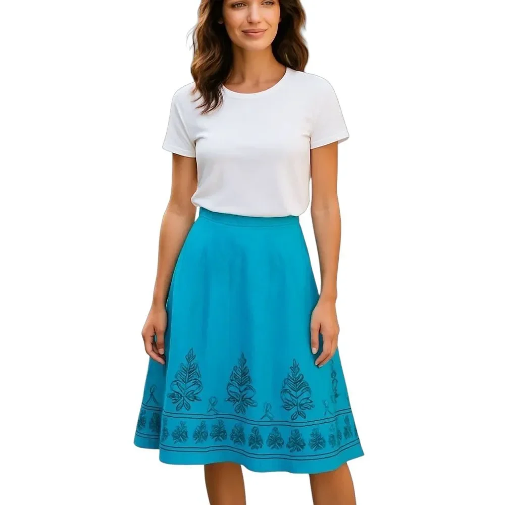 Bob Mackie Studios turquois full skirt swing boho embroidered linen blend 12